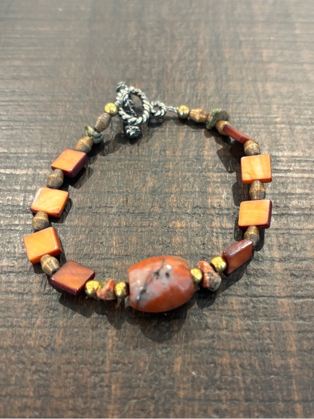 Boho Earthy Terracotta Gemstone & Shell Beaded Toggle Bracelet Vintage Style